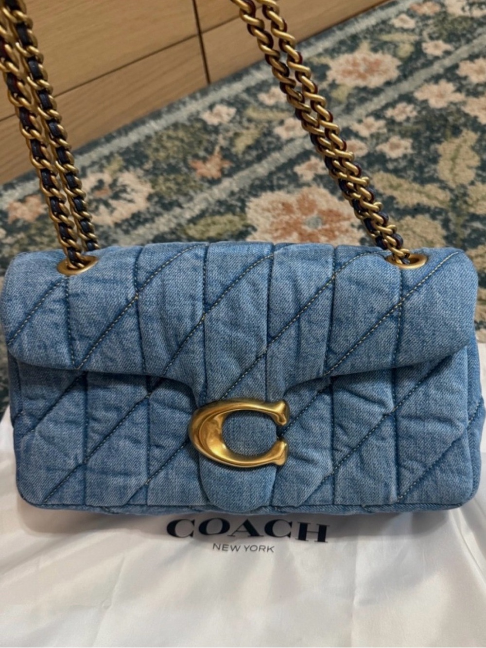 Coach Quilted Light Blue Denim Shoulder Bag with Gold Hardware